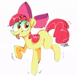 Size: 819x817 | Tagged: safe, artist:nitaru, derpibooru import, apple bloom, earth pony, pony, :p, female, filly, foal, image, jpeg, jumping, simple background, solo, standing, standing on one leg, tongue out, white background
