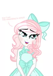 Size: 1280x1817 | Tagged: safe, artist:sugarcubecreationz, derpibooru import, oc, oc:sweetheart, unofficial characters only, human, equestria girls, apron, bedroom eyes, bow, clothes, hair bow, humanized, image, jpeg, looking at you, solo, text, waitress