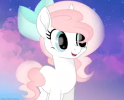Size: 1280x1037 | Tagged: safe, artist:sugarcubecreationz, derpibooru import, oc, oc:sweetheart, unofficial characters only, pony, unicorn, my little pony: the movie, bow, cloud, complex background, hair bow, happy, horn, image, jpeg, movie accurate, movie reference, open mouth, smiling, solo, unicorn oc