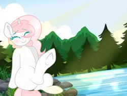 Size: 1280x960 | Tagged: safe, artist:sugarcubecreationz, derpibooru import, oc, oc:sweetheart, unofficial characters only, pony, unicorn, complex background, cute, forest, happy, horn, image, jpeg, raised hoof, river, rock, sitting, sunshine, tree, unicorn oc, water
