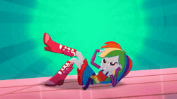 Size: 1920x1080 | Tagged: safe, derpibooru import, screencap, rainbow dash, eqg summertime shorts, equestria girls, raise this roof, animated, belt, boots, clothes, cutie mark, cutie mark on clothes, dance floor, fall formal outfits, female, fingerless gloves, gloves, image, shoes, sleeveless, smiling, solo, sound, webm