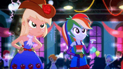 Size: 1920x1080 | Tagged: safe, derpibooru import, screencap, applejack, rainbow dash, scribble dee, teddy t. touchdown, eqg summertime shorts, equestria girls, raise this roof, animated, bare shoulders, belt, canterlot high, clothes, cowboy hat, crossed arms, cutie mark, cutie mark on clothes, devil horn (gesture), duo, duo female, duo focus, eyes closed, fall formal outfits, female, hand on hip, hat, image, male, night, open mouth, open smile, sleeveless, smiling, sound, strapless, webm
