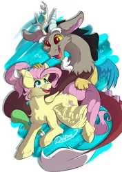 Size: 1280x1811 | Tagged: safe, artist:delfinaluther, derpibooru import, discord, fluttershy, draconequus, pegasus, pony, blue background, chest fluff, couple, discoshy, ear fluff, female, fluffy, image, jpeg, male, shading, ship, shipping, simple background, smiling, solo, straight, white background, wings