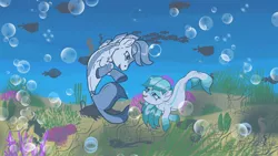 Size: 1920x1080 | Tagged: safe, artist:ahernstables, derpibooru import, oc, unofficial characters only, fish, hippocampus, merpony, pony, seapony (g4), blue eyes, blue mane, bubble, coral, digital art, female, filter, fish tail, flowing mane, flowing tail, image, looking at each other, looking at someone, male, mare, ocean, open mouth, png, seaweed, smiling, stallion, tail, underwater, water