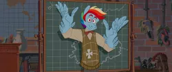 Size: 1888x792 | Tagged: safe, artist:lockandkeyhyena, derpibooru import, rainbow dash, anthro, pegasus, atlantis: the lost empire, bowtie, image, jpeg, milo thatch, parody, scene parody, solo, style emulation, sweater vest, wing hands, wings