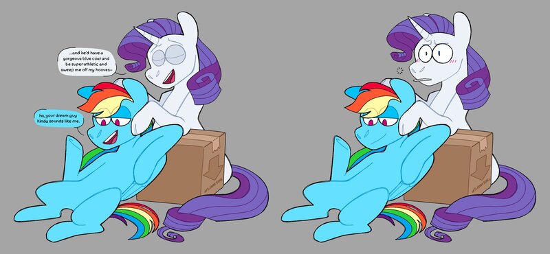 Size: 2048x948 | Tagged: safe, artist:lockandkeyhyena, derpibooru import, rainbow dash, rarity, pegasus, unicorn, blushing, cardboard box, dialogue, image, implied raridash, jpeg, loading, reclining, shrunken pupils