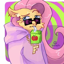 Size: 2048x2033 | Tagged: safe, artist:dmitrymemovznok, derpibooru import, fluttershy, pegasus, pony, cheek fluff, clothes, cocked eyebrow, ear fluff, freckles, hoodie, image, jpeg, juice, juice box, solo, sunglasses