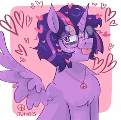 Size: 2048x2033 | Tagged: safe, artist:dmitrymemovznok, derpibooru import, twilight sparkle, twilight sparkle (alicorn), alicorn, pony, alternate hairstyle, chest fluff, freckles, glasses, heart, image, jpeg, looking at you, raspberry, smiling, solo, spread wings, tongue out, wings