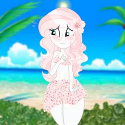 Size: 894x894 | Tagged: suggestive, artist:sugarcubecreationz, derpibooru import, oc, oc:sweetheart, unofficial characters only, human, equestria girls, beach, breasts, cherry blossoms, complex background, embarrassed, flower, flower blossom, flower in hair, humanized, image, jpeg, pink hair, solo