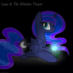 Size: 1280x1280 | Tagged: safe, artist:sugarcubecreationz, derpibooru import, princess luna, alicorn, pony, dark background, flower, glow, image, jpeg, movie reference, photo, reference, simple background, solo, studio ghibli