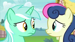 Size: 1280x720 | Tagged: safe, derpibooru import, screencap, bon bon, lyra heartstrings, sweetie drops, earth pony, pony, unicorn, season 7, triple threat, confused, duo, duo female, female, frown, image, looking at each other, looking at someone, mare, png, ponyville