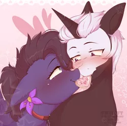 Size: 2251x2230 | Tagged: safe, artist:twisoft, derpibooru import, oc, oc:kennel nightshade, oc:s.leech, unofficial characters only, pegasus, pony, unicorn, blushing, cookie, female, flower, flower in hair, food, image, mare, oc x oc, png, shipping