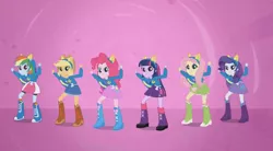 Size: 828x456 | Tagged: safe, derpibooru import, applejack, fluttershy, pinkie pie, rainbow dash, rarity, sci-twi, twilight sparkle, equestria girls, equestria girls (movie), boots, clothes, cowboy boots, cowboy hat, hat, helping twilight win the crown, high heel boots, humane five, humane six, image, jpeg, shirt, shoes, skirt, socks, solo, sweater