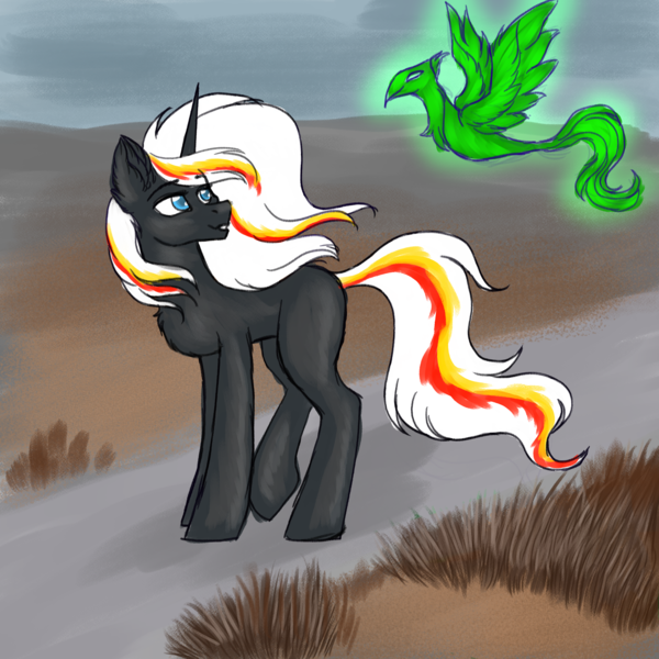 Size: 2778x2778 | Tagged: safe, artist:darklight1315, derpibooru import, oc, oc:pyrelight, oc:velvet remedy, balefire phoenix, phoenix, pony, unicorn, fallout equestria, image, png, sketch, wasteland