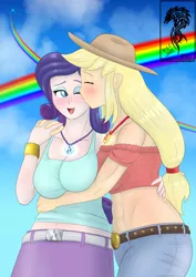 Size: 1240x1754 | Tagged: safe, artist:wolfjarl, derpibooru import, applejack, rarity, equestria girls, breasts, busty applejack, busty rarity, embrace, eyes closed, female, geode of shielding, geode of super strength, human coloration, image, jpeg, kiss on the cheek, kissing, lesbian, magical geodes, one eye closed, open mouth, open smile, pride month, rainbow, rarijack, shipping, smiling