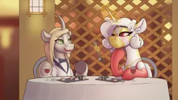 Size: 3840x2160 | Tagged: safe, artist:cocaine, derpibooru import, oc, oc:caelicus dawnus, oc:princess coke, alicorn, pony, zebra, zebra alicorn, alcohol, alicorn oc, blushing, clothes, date, dinner, dress, food, horn, image, png, restaurant, sushi, tuxedo, vine, wings