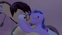 Size: 1920x1080 | Tagged: safe, artist:brandonthebronypony, derpibooru import, twilight sparkle, oc, oc:brandon, unicorn, 3d, canon x oc, glasses, golden oaks library, image, kissing, library, png, source filmmaker, unicorn twilight