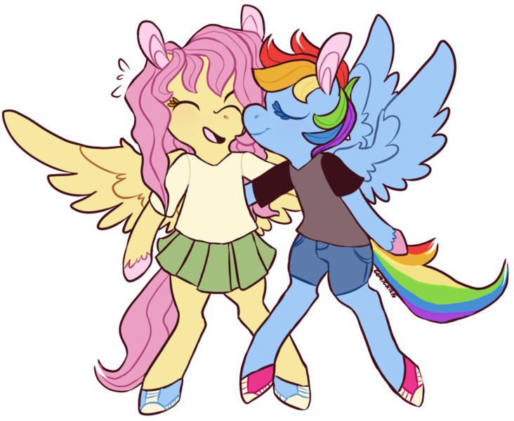 Size: 1024x839 | Tagged: safe, artist:comickit, edit, editor:edits of hate, fluttershy, rainbow dash, pegasus, pony, alternate hairstyle, bipedal, clothes, colored hooves, converse, duo, duo female, eyes closed, female, flutterdash, image, kissing, lesbian, mare, nuzzling, png, shipping, shirt, shoes, short hair, shorts, simple background, skirt, spread wings, t-shirt, transparent background, wings