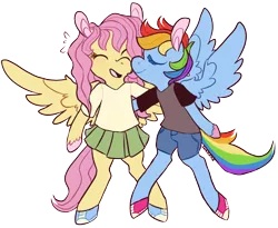 Size: 1024x839 | Tagged: safe, artist:comickit, edit, editor:edits of hate, fluttershy, rainbow dash, pegasus, pony, alternate hairstyle, bipedal, clothes, colored hooves, converse, duo, duo female, eyes closed, female, flutterdash, image, kissing, lesbian, mare, nuzzling, png, shipping, shirt, shoes, short hair, shorts, simple background, skirt, spread wings, t-shirt, transparent background, wings