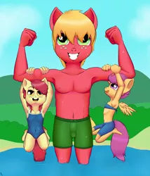 Size: 2400x2800 | Tagged: safe, artist:riscke, derpibooru import, apple bloom, big macintosh, scootaloo, anthro, earth pony, pegasus, clothes, hanging, image, lake, one-piece swimsuit, png, pose, spread wings, swimming trunks, swimsuit, two-piece swimsuit, water, wings