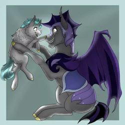 Size: 3000x3000 | Tagged: safe, artist:inisealga, derpibooru import, oc, oc:lunar signal, bat pony, bat pony unicorn, hybrid, pony, unicorn, armor, bat pony oc, bat wings, boop, colt, ear tufts, fangs, father and child, father and son, fluffy, foal, holding a pony, horn, image, male, night guard, night guard armor, playing, png, royal guard, spread wings, stallion, wings