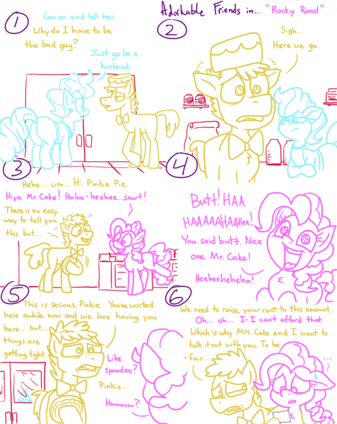 Size: 4779x6013 | Tagged: safe, artist:adorkabletwilightandfriends, derpibooru import, carrot cake, cup cake, pinkie pie, comic:adorkable twilight and friends, adorkable, adorkable friends, bowtie, comic, cute, dilemma, door, dork, ears up, floppy ears, happy, hat, image, laughing, money, nervous, png, rent, sad, slice of life, upset, watching, watching it go in