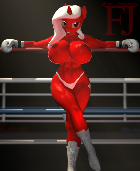 Size: 551x670 | Tagged: questionable, artist:aidenran, derpibooru import, oc, oc:crimson uppercut, unofficial characters only, anthro, unicorn, 3d, abs, big breasts, bikini, bikini bottom, boots, boxing gloves, boxing ring, breasts, clothes, female, hips, horn, huge breasts, image, nipples, nudity, partial nudity, png, shoes, solo, solo female, swimsuit, thighs, topless, unicorn oc