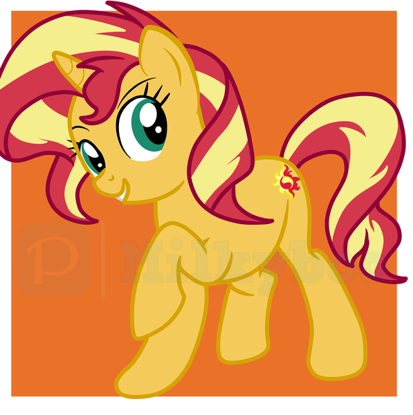Size: 5072x5096 | Tagged: safe, artist:milkyboo898, derpibooru import, sunset shimmer, pony, unicorn, absurd resolution, female, grin, hooves, horn, image, mare, orange background, png, raised hoof, simple background, smiling, solo, standing, tail, two toned mane, two toned tail, watermark