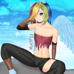 Size: 1280x1280 | Tagged: safe, artist:wraith148, derpibooru import, part of a set, rainbow dash, human, pegasus, abs, belly button, clothes, dungeons and dragons, eared humanization, fantasy class, gloves, hair over one eye, humanized, image, jpeg, leggings, long gloves, pen and paper rpg, pony ears, rogue, rpg, solo, spread wings, winged humanization, wings