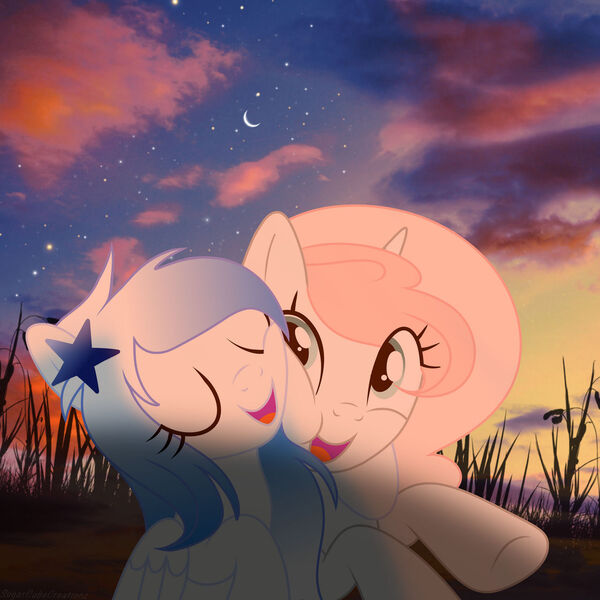 Size: 1280x1280 | Tagged: safe, artist:sugarcubecreationz, derpibooru import, oc, oc:sweetheart, oc:windyweather, pegasus, unicorn, best friends, friends, horn, hug, hugging a pony, image, jpeg, moon, pegasus oc, sunset, unicorn oc, wings