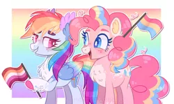 Size: 1280x762 | Tagged: safe, artist:wanderingpegasus, derpibooru import, pinkie pie, rainbow dash, earth pony, pegasus, pony, blushing, chest fluff, cute, dashabetes, diapinkes, duo, female, grin, heart, heart eyes, hoof hold, image, jpeg, lesbian, lesbian pride flag, looking at each other, looking at someone, mare, markings, mouthpiece, pansexual, pansexual pride flag, pinkiedash, pride, pride flag, pride month, raised hoof, redesign, shipping, smiling, twitterina design, unshorn fetlocks, wingding eyes