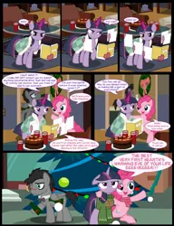 Size: 1042x1358 | Tagged: safe, artist:dendoctor, derpibooru import, doctor whooves, mean twilight sparkle, pinkie pie, time turner, twilight sparkle, twilight sparkle (alicorn), alicorn, earth pony, pegasus, pony, comic:clone.., alcohol, alternate universe, bauble, black forest cake, blanket, blushing, cake, christmas, christmas lights, christmas tree, clone, clothes, comic, decoration, discord whooves, discorded whooves, drunk, female, folder, food, g4, glass, glow, glowing horn, hearth's warming eve, holiday, horn, image, jpeg, magic, male, mare, pinkie clone, scarf, stallion, sweater, telekinesis, the doctor, tree, wreath
