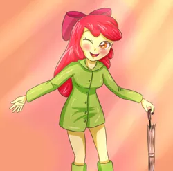 Size: 1024x1013 | Tagged: safe, artist:sumin6301, derpibooru import, apple bloom, equestria girls, adorabloom, blushing, cute, image, jpeg, one eye closed, open mouth, rain, raincoat, smiling, solo, umbrella, wink