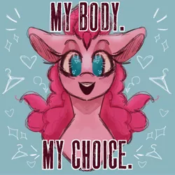Size: 2000x2000 | Tagged: safe, artist:ghoulieq, derpibooru import, pinkie pie, earth pony, pony, bust, clothes hanger, current events, dialogue, female, image, implied abortion, jpeg, no pupils, open mouth, politics, portrait, roe v wade, sock puppet
