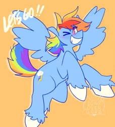 Size: 500x548 | Tagged: safe, artist:makanioverlord, edit, editor:edits of hate, rainbow dash, pegasus, pony, alternate cutie mark, colored hooves, female, flying, image, mare, orange background, png, simple background, smiling, solo, text, unshorn fetlocks