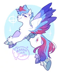 Size: 500x590 | Tagged: safe, artist:makanioverlord, zipp storm, pegasus, pony, alternate design, bag, blue background, blushing, circle background, colored hooves, colored wings, ear piercing, female, g5, image, mare, multicolored wings, nose piercing, nose ring, piercing, png, profile, saddle bag, simple background, smiling, solo, unshorn fetlocks, wings