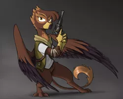 Size: 2100x1700 | Tagged: safe, artist:sinrar, derpibooru import, oc, oc:gabriela hawkins, unofficial characters only, gryphon, fallout equestria, griffon oc, gun, handgun, image, ncr, ncr ranger, png, revolver, solo, weapon