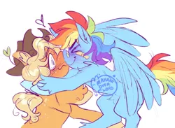 Size: 500x365 | Tagged: safe, artist:makanioverlord, applejack, rainbow dash, earth pony, pegasus, pony, alternate hairstyle, appledash, applejack's hat, bandaid, blushing, boop, colored hooves, cowboy hat, ear fluff, female, freckles, hat, heart, hoof fluff, image, lesbian, mare, noseboop, png, shipping, simple background, unshorn fetlocks, white background