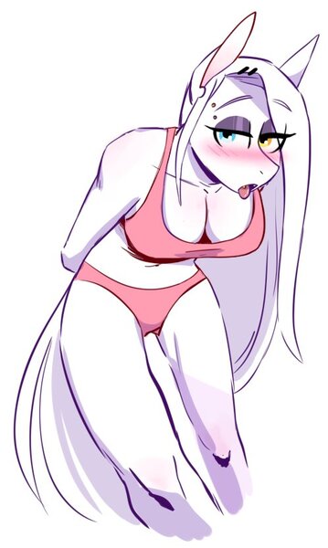 Size: 498x833 | Tagged: safe, artist:redxbacon, derpibooru import, oc, oc:rubber bunny, anthro, earth pony, blushing, breasts, cleavage, clothes, eyeshadow, image, jpeg, makeup, piercing, pink underwear, simple background, solo, sports bra, tongue out, underwear, white background