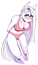 Size: 498x833 | Tagged: safe, artist:redxbacon, derpibooru import, oc, oc:rubber bunny, anthro, earth pony, blushing, breasts, cleavage, clothes, eyeshadow, image, jpeg, makeup, piercing, pink underwear, simple background, solo, sports bra, tongue out, underwear, white background
