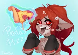 Size: 1280x900 | Tagged: safe, artist:ketchup_tyan, derpibooru import, oc, unofficial characters only, earth pony, pony, choker, clothes, drool, drool string, ear piercing, fangs, femboy, food, hairpin, heart, heart eyes, hooves, image, jpeg, leggings, magic, magic aura, male, open mouth, pepperoni pizza, piercing, pizza, solo, telekinesis, wingding eyes