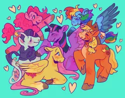 Size: 1280x1000 | Tagged: safe, artist:cottaboo, applejack, fluttershy, pinkie pie, rainbow dash, rarity, twilight sparkle, alicorn, earth pony, pegasus, pony, unicorn, alternate cutie mark, alternate design, alternate hairstyle, applejack's hat, coat markings, colored hooves, cowboy hat, curved horn, ear piercing, eyes closed, facial markings, female, floating heart, folded wings, green background, group, hat, heart, horn, image, leonine tail, lying down, mane six, mare, one eye closed, piercing, png, simple background, sitting, smiling, standing, two toned wings, unshorn fetlocks, wings