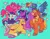 Size: 1280x1000 | Tagged: safe, artist:cottaboo, applejack, fluttershy, pinkie pie, rainbow dash, rarity, twilight sparkle, alicorn, earth pony, pegasus, pony, unicorn, alternate cutie mark, alternate design, alternate hairstyle, applejack's hat, coat markings, colored hooves, cowboy hat, curved horn, ear piercing, eyes closed, facial markings, female, floating heart, folded wings, green background, group, hat, heart, horn, image, leonine tail, lying down, mane six, mare, one eye closed, piercing, png, simple background, sitting, smiling, standing, two toned wings, unshorn fetlocks, wings