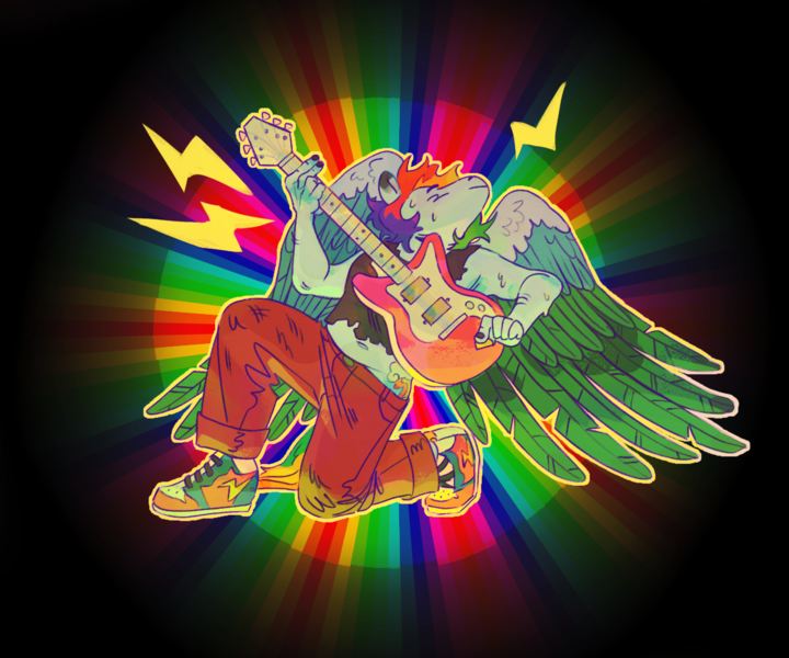 Size: 1200x1000 | Tagged: safe, artist:cottaboo, lightning bolt, rainbow dash, white lightning, anthro, pegasus, pony, alternate design, clothes, female, guitar, image, musical instrument, nail polish, painted nails, pants, png, rainbow background, shoes, sneakers, solo, two toned wings, wings