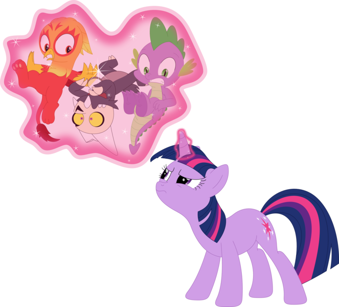 Size: 3556x3220 | Tagged: safe, artist:porygon2z, derpibooru import, spike, twilight sparkle, oc, oc:heatwave, dragon, pony, unicorn, butt, female, image, king (the owl house), levitation, magic, male, mare, png, telekinesis, the owl house