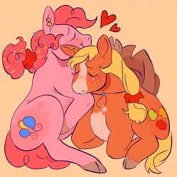 Size: 1000x1000 | Tagged: safe, artist:cottaboo, applejack, pinkie pie, earth pony, pony, alternate cutie mark, alternate design, applejack's hat, applepie, cloven hooves, coat markings, colored hooves, couple, cowboy hat, cuddling, ear piercing, eyes closed, facial markings, female, floating heart, food, freckles, hat, heart, image, lesbian, mare, piercing, png, ponytail, shipping, sitting, smiling, sprinkles