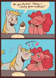 Size: 1175x1628 | Tagged: safe, artist:cottaboo, derpy hooves, pinkie pie, earth pony, pegasus, pony, blue background, blushing, colored hooves, comic, eating, eyes closed, female, food, heart, image, kissing, lesbian, mare, missing wing, muffin, plate, png, shipping, simple background, speech bubble, text