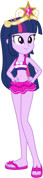 Size: 588x2426 | Tagged: safe, artist:fireluigi29, derpibooru import, twilight sparkle, equestria girls, belly button, big crown thingy, clothes, element of magic, female, hand on hip, image, jewelry, png, regalia, sandals, simple background, solo, swimsuit, transparent background