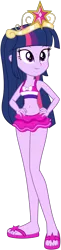 Size: 588x2426 | Tagged: safe, artist:fireluigi29, derpibooru import, twilight sparkle, equestria girls, belly button, big crown thingy, clothes, element of magic, female, hand on hip, image, jewelry, png, regalia, sandals, simple background, solo, swimsuit, transparent background