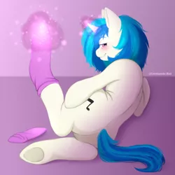 Size: 1280x1280 | Tagged: suggestive, artist:centipede.bat, derpibooru import, vinyl scratch, pony, unicorn, blushing, butt, clothes, cutie mark, female, flank, image, jpeg, looking at you, looking back, looking back at you, magic, magic aura, mare, plot, smiling, socks, solo, solo female, underhoof, undressing